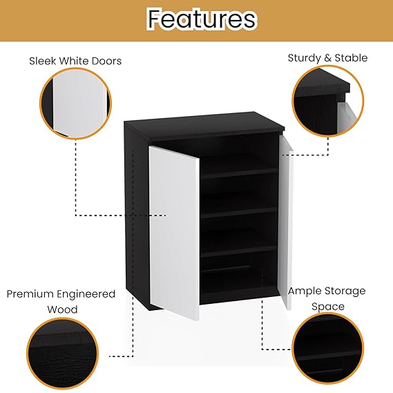 Callas Engineered Wood Shoe Rack Cabinet with Drawer & Doors | Modern Wooden Shoe Storage Organizer for Entryway, Living Room & Bedroom (Black, SR-05)