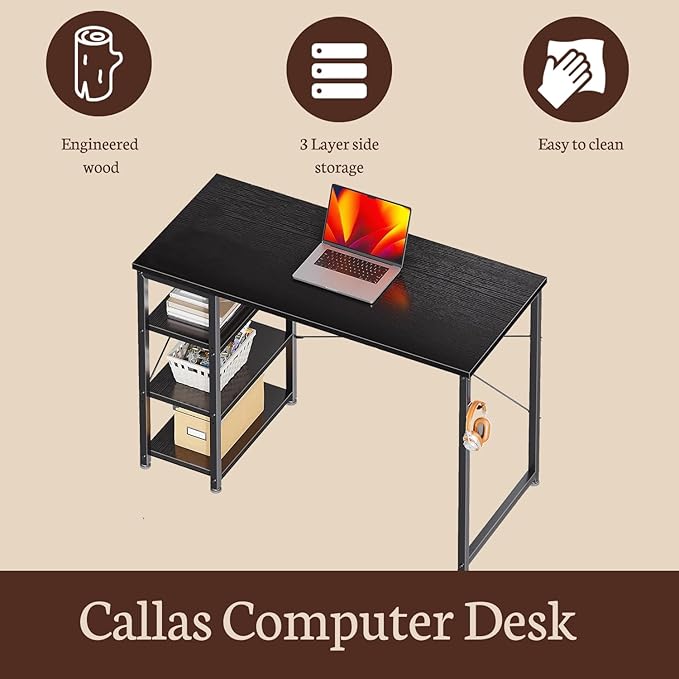 Callas 43 Inch L Shaped Computer Desk with Reversible Side Storage Shelves, Small Corner Desk for Small Space Home Office,Writing Study Table Gaming PC Desk for Bedroom (Black, ST-24)