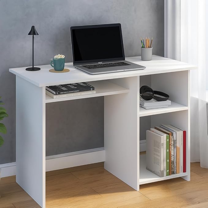Callas Computer Desk with Keyboard Tray – Modern Small Writing & Laptop Table for Home Office, Bedroom, or Living Room – Space-Saving & Sturdy Design Table (ST-03-White)