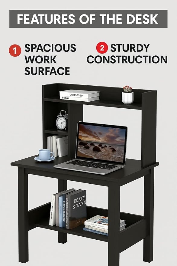 Callas Engineered Wood Study Table with Hutch & Bottom Storage | Computer, Laptop & Office Desk with Extra Storage for Home, Study & Workstation ( ST-40, Black )