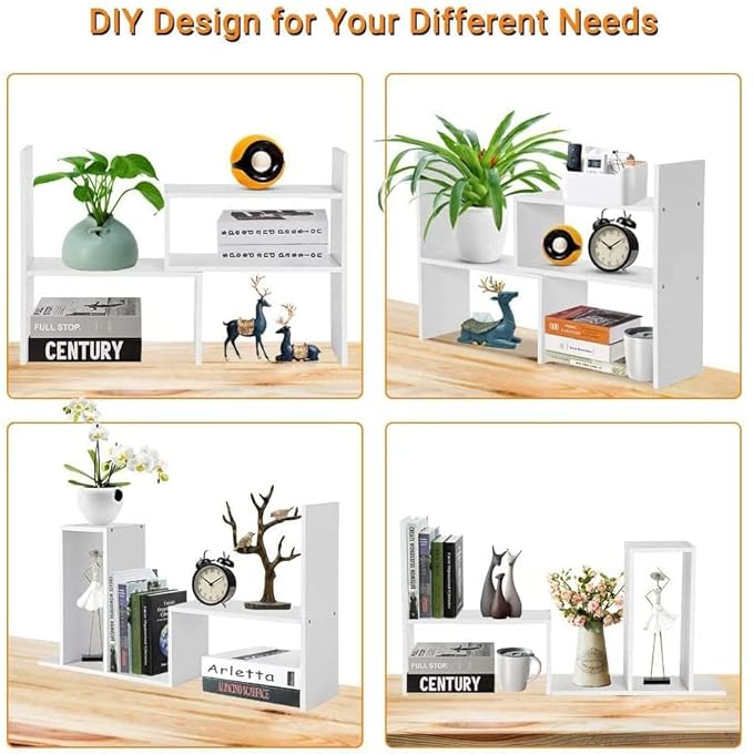 Callas Adjustable Wood Desktop Storage Organizer Display Shelf Rack | Spice Rack | Counter Top Bookcase Book Shelf | Home Décor Display & Storage Rack Cabinet Unit | (BS1-White)