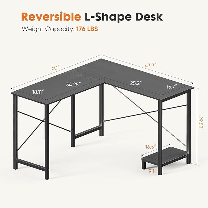 Callas L Shaped Computer Desk - Gaming Corner 50 Inch PC White Writing Study Student Table with Wooden Desktop CPU Stand for Home Office Room Small Space, Black (ST-22-Black)