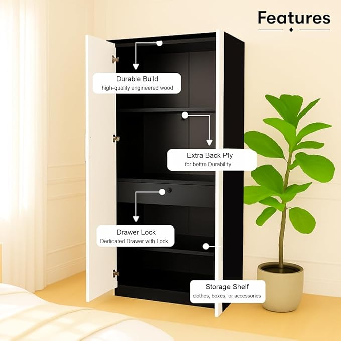 Callas 2 Door Engineered Wood Wardrobe | Modern Bedroom Storage Cabinet with Lock & Shelves | Compact Almirah for Clothes, Accessories & Home Organization (WD-01-Black)