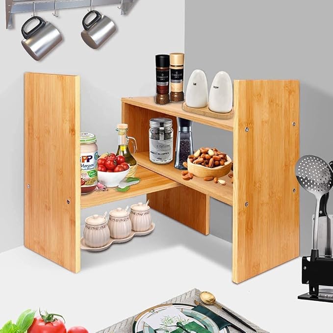 Callas Adjustable Wood Desktop Storage Organizer Display Shelf Rack | Spice Rack | Counter Top Bookcase Book Shelf | Home Décor Display & Storage Rack Cabinet Unit | Parent (BS-1-Brown)