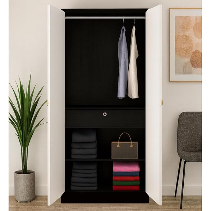 Callas 2 Door Engineered Wood Wardrobe | Modern Bedroom Storage Cabinet with Lock & Shelves | Compact Almirah for Clothes, Accessories & Home Organization (WD-01-Black)