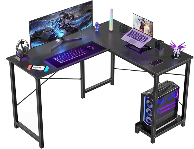 Callas L Shaped Computer Desk - Gaming Corner 50 Inch PC White Writing Study Student Table with Wooden Desktop CPU Stand for Home Office Room Small Space, Black (ST-22-Black)