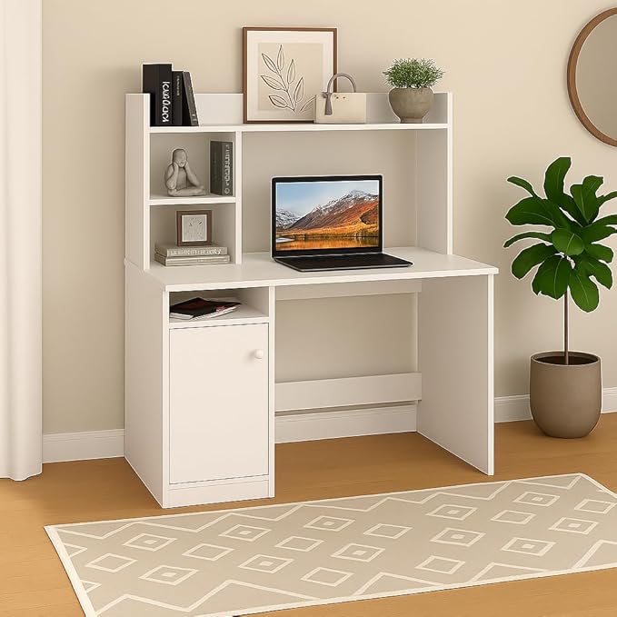 Callas Wooden Study Table with Hutch & Bottom Storage, Office Work Desk for Laptop Study Computer Table for Home White (White, ST-05)