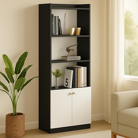 Callas Wooden Bookshelf with Display Unit Cabinet | Engineered Wood Bookcase for Living Room, Bedroom, Office | Modern Display Shelf Organizer for Books & Décor - Gifting (BR-22-Black)