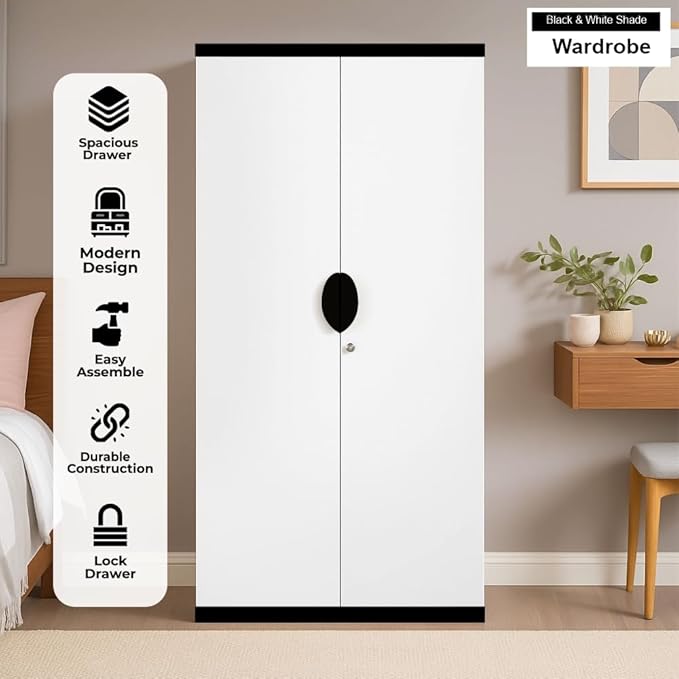 Callas 2 Door Engineered Wood Wardrobe | Modern Bedroom Storage Cabinet with Lock & Shelves | Compact Almirah for Clothes, Accessories & Home Organization (WD-01-Black)