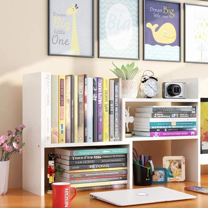 Callas Adjustable Wood Desktop Storage Organizer Display Shelf Rack | Spice Rack | Counter Top Bookcase Book Shelf | Home Décor Display & Storage Rack Cabinet Unit | (BS1-White)