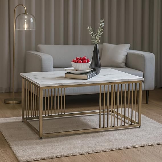 Callas Modern Coffee Table with White Marble Finish | Golden Metal Frame | Sturdy Build | Living Room Center Table
