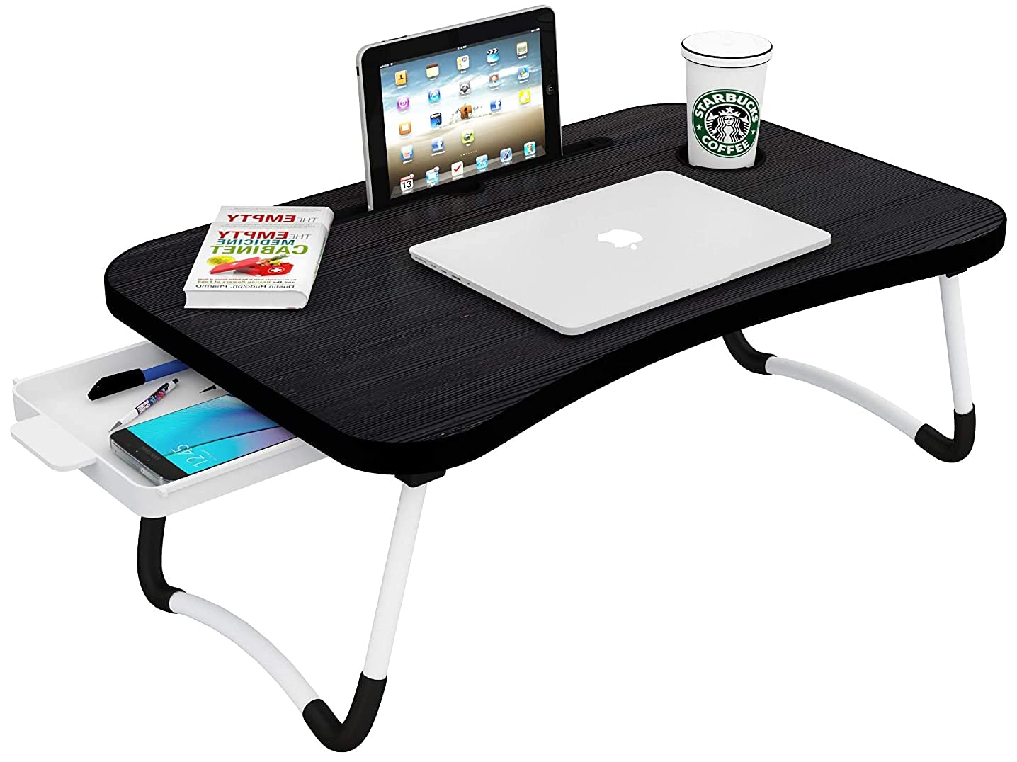 Callas Multipurpose Foldable Home Storage Table with Cup Holder, Foldable and Portable/Ergonomic & Rounded Edges/Non-Slip Legs (WA-27-Black)