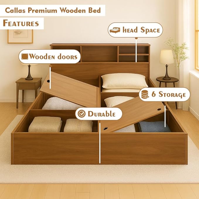 Callas Trinity Queen Size Bed Engineered Wood Modern Design with Headboard | Elegant Finish | Durable Structure (Trinity Walnut, Queen Bed)