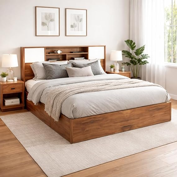 Callas Estoria Engineered Wood King Size Bed with Storage (Walnut, Queen with Storage)