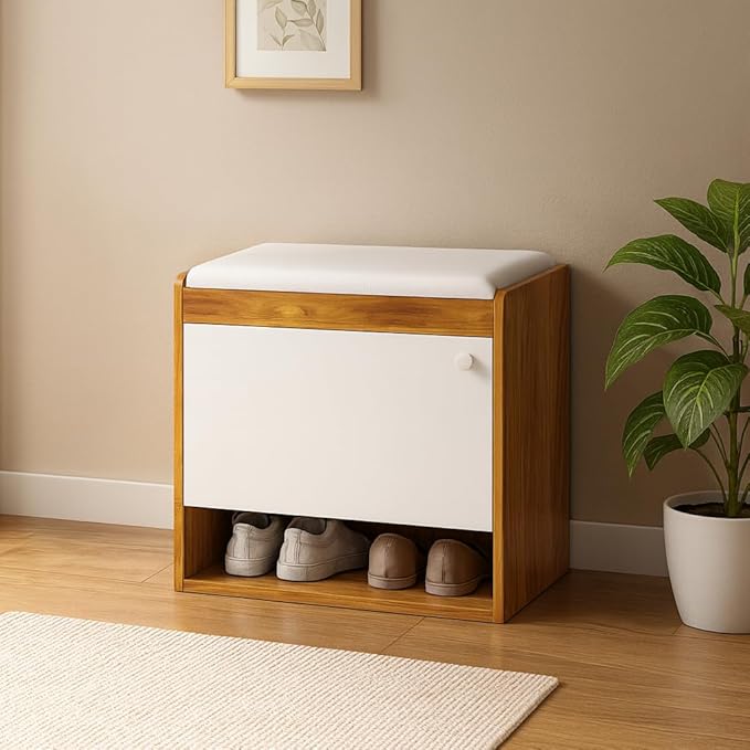 Callas Shoe Rack Storage Bench, Holds 6 Pairs, 3-Tier Rack with Cushion Seat and Closed Cabinet (Brown, SR-16)