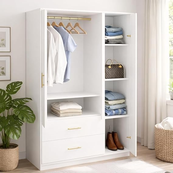 Callas Estoria 3 Door Wooden Wardrobe with 2 Large Drawers | Spacious Hanging Section | Multi-Utility Side Shelves | Engineered Wood Almirah for Bedroom (White, Estoria-3)