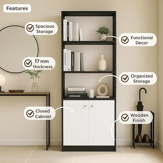 Callas Wooden Bookshelf with Display Unit Cabinet | Engineered Wood Bookcase for Living Room, Bedroom, Office | Modern Display Shelf Organizer for Books & Décor - Gifting (BR-22-Black)