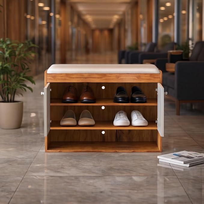 Callas Shoe Rack Storage Bench, Holds 9 Pairs, 3-Tier Rack with Cushion Seat and Closed Cabinet (Brown, SR-17)
