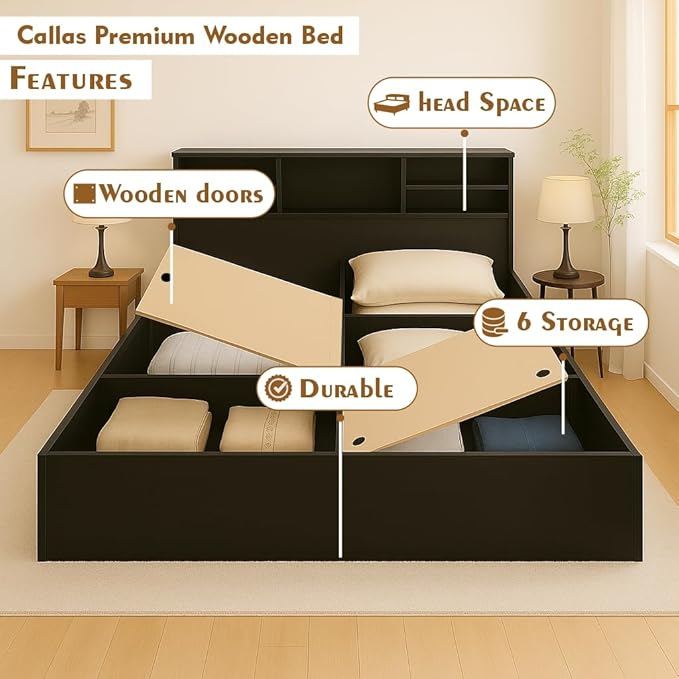 Callas Trinity King Size Bed Engineered Wood Modern Design with Headboard | Elegant Finish | Durable Structure (Trinity Black, King Bed)