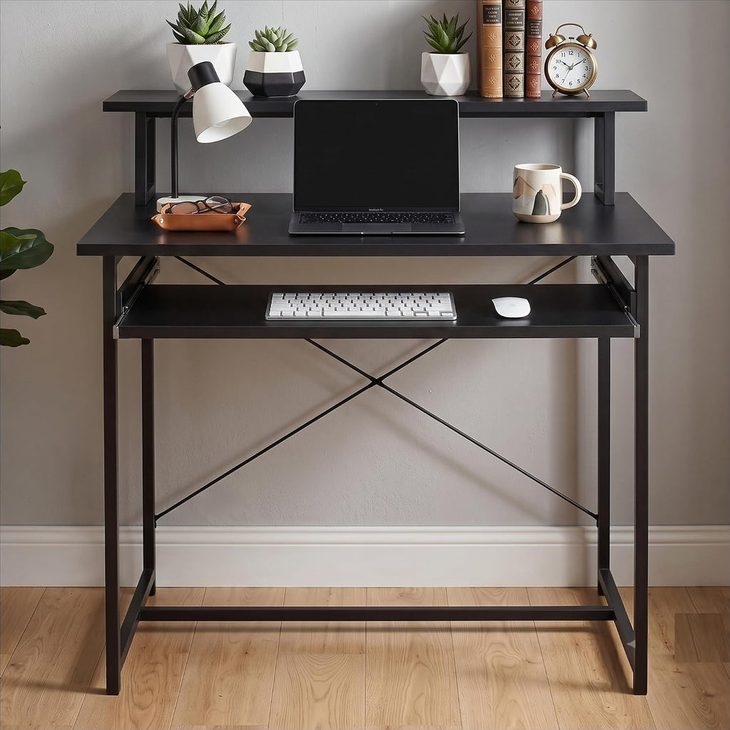 Callas ST-25 DeskMate Pro Engineered Wood Study Desk | 90×54×94.5 cm | Sliding Keyboard Tray, Monitor Riser Shelf | Metal Frame | Home Office, Gaming & Kids Room (Black, ST-25) - 1 Year Warranty