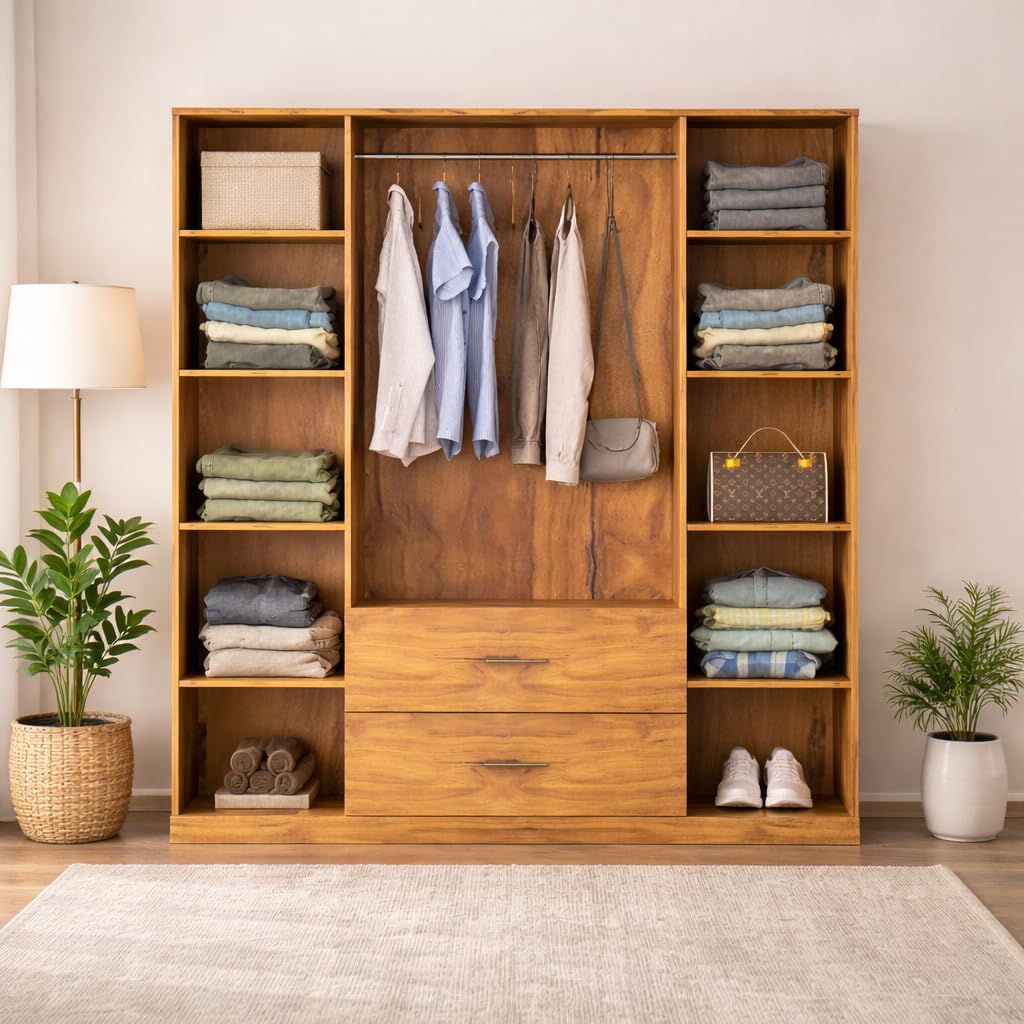 Callas Estoria 4 Door Wooden Wardrobe with 2 Large Drawers | Spacious Hanging Section | Multi-Utility Side Shelves | Engineered Wood Almirah for Bedroom | Free Installation with 1 Year Warranty (Walnut-Estoria-4)