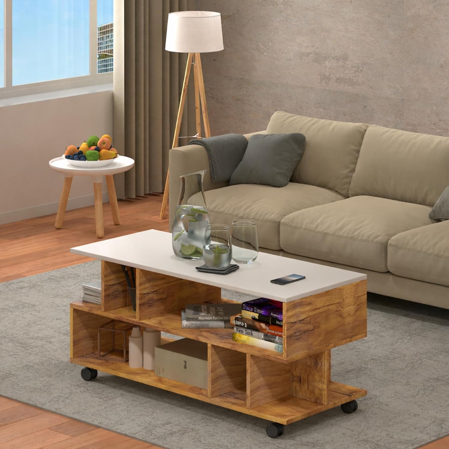 Callas Coffee Table with Multi-Purpose Storage, Wood, Walnut and Natural Finish,Modern Style (Walnut, CT-22-Wheel)
