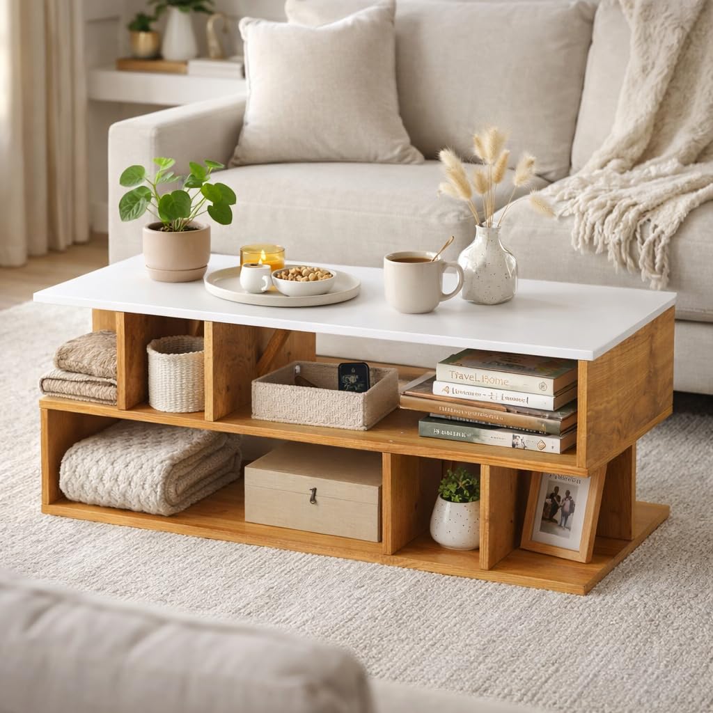 Callas Coffee Table with Multi-Purpose Storage, Wood, Walnut and Natural Finish,Modern Style (Walnut-CT-22)
