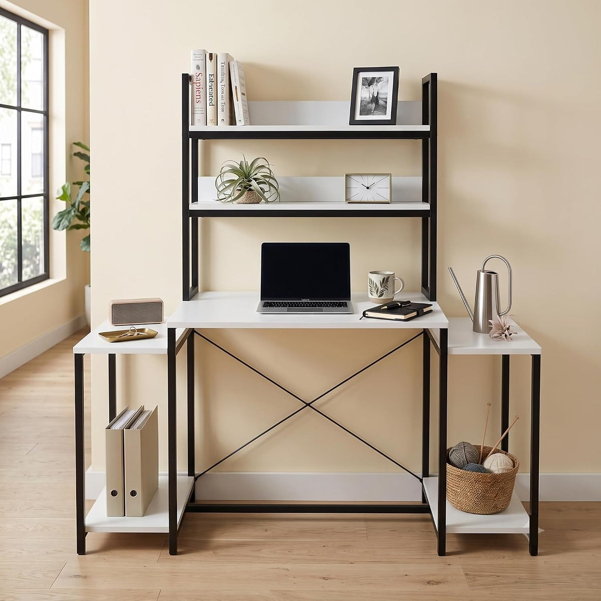 Callas DeskStation ST-26 Engineered Wood Study Table with Storage Hutch and Side Shelves for Home Office, Gaming Table,136L x 54W x 149H cm| Free Installation with 1 Year Warranty - White