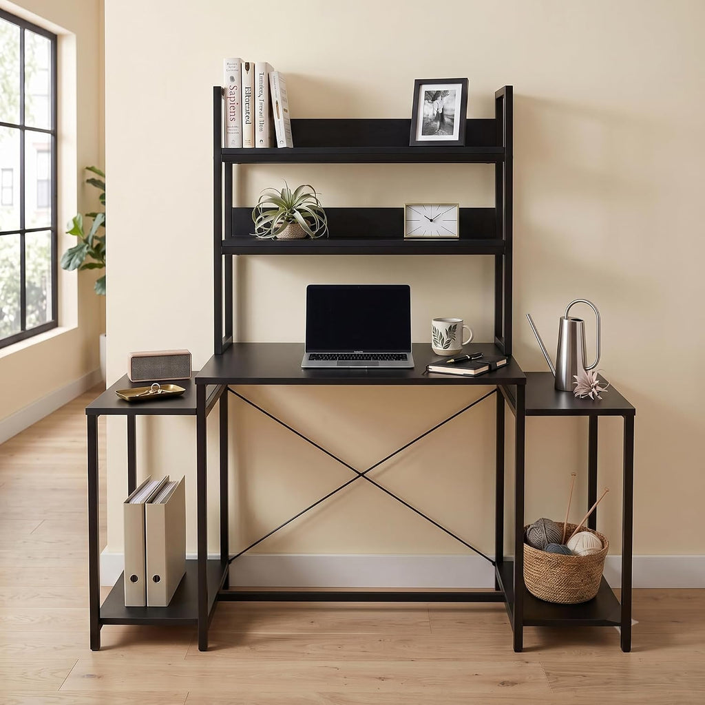 Callas DeskStation ST-26 Engineered Wood Study Table with Storage Hutch and Side Shelves for Home Office, Gaming Table,136L x 54W x 149H cm| Free Installation with 1 Year Warranty - Black