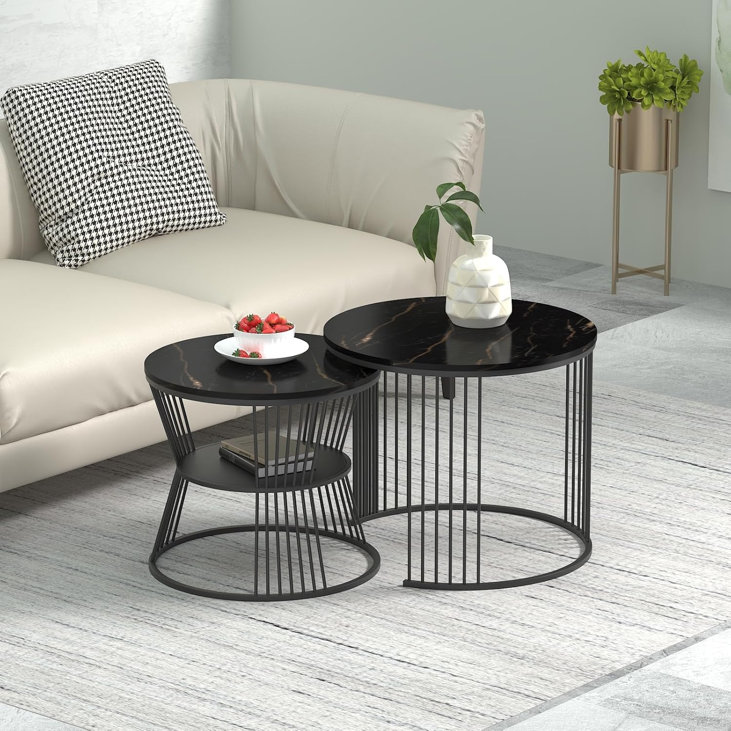 Callas Modern Nesting Coffee Table Set of 2 with Marble Finish Engineered Wood Top and Gold Metal Frame | Round Living Room Center Table for Sofa Side Home Decor | Pre-Assembled (Black, CT-03)
