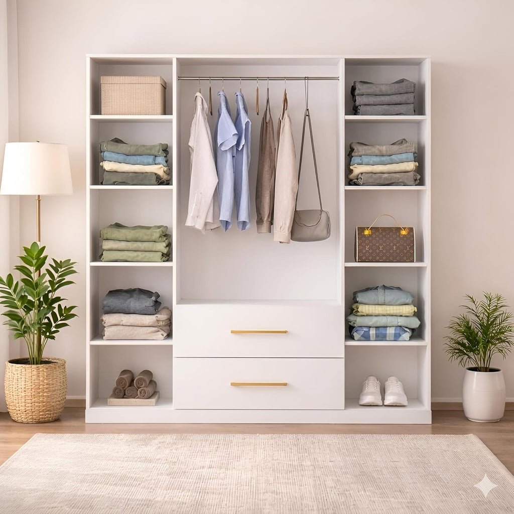 Callas Estoria 4 Door Wooden Wardrobe with 2 Large Drawers | Spacious Hanging Section | Multi-Utility Side Shelves | Engineered Wood Almirah for Bedroom | Free Installation with 1 Year Warranty (White-Estoria-4)