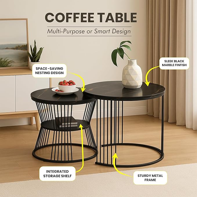 Callas Modern Nesting Coffee Table Set of 2 with Marble Finish Engineered Wood Top and Gold Metal Frame | Round Living Room Center Table for Sofa Side Home Decor | Pre-Assembled (Black, CT-03)