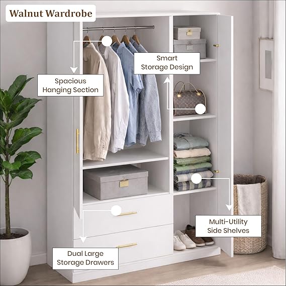 Callas Estoria 3 Door Wooden Wardrobe with 2 Large Drawers | Spacious Hanging Section | Multi-Utility Side Shelves | Engineered Wood Almirah for Bedroom (White, Estoria-3)