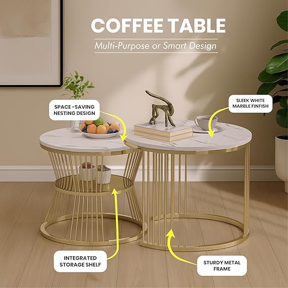 Callas Modern Nesting Coffee Table Set of 2 with Marble Finish Engineered Wood Top and Gold Metal Frame | Round Living Room Center Table for Sofa Side Home Decor (White, CT-03)