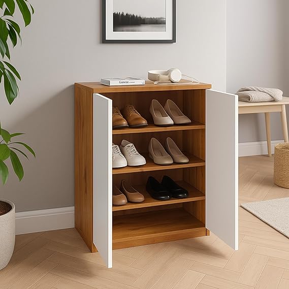 Callas Engineered Wood Shoe Rack Cabinet with Drawer & Doors | Modern Wooden Shoe Storage Organizer for Entryway, Living Room & Bedroom (Brown, SR-05)