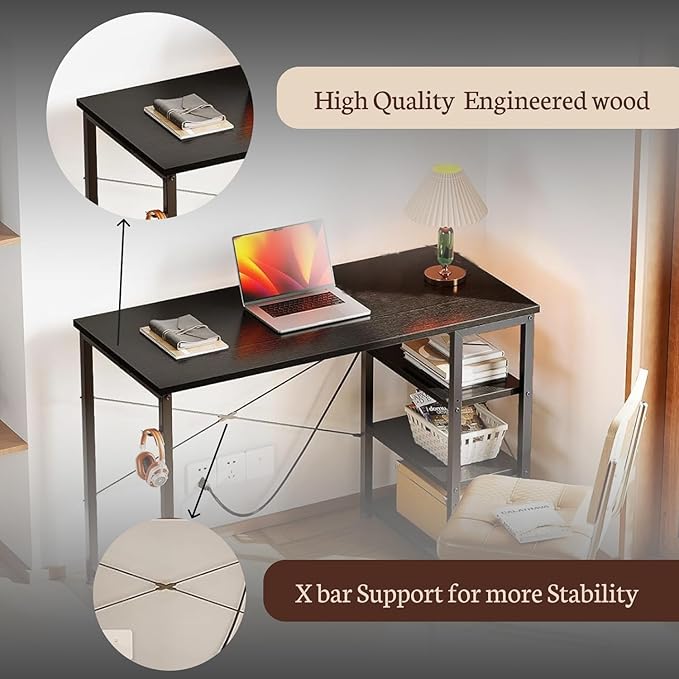 Callas 43 Inch L Shaped Computer Desk with Reversible Side Storage Shelves, Small Corner Desk for Small Space Home Office,Writing Study Table Gaming PC Desk for Bedroom (Black, ST-24)