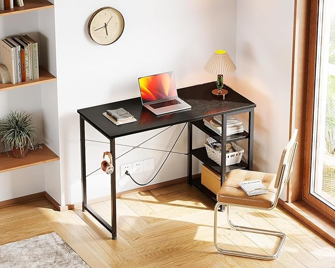 Callas 43 Inch L Shaped Computer Desk with Reversible Side Storage Shelves, Small Corner Desk for Small Space Home Office,Writing Study Table Gaming PC Desk for Bedroom (Black, ST-24)