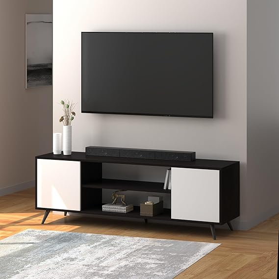Callas Engineered Wood TV Entertainment Unit for Living Room | Modern TV Cabinet with Shelves & Storage | Set Top Box Stand & Display Unit (Black, TV-08)
