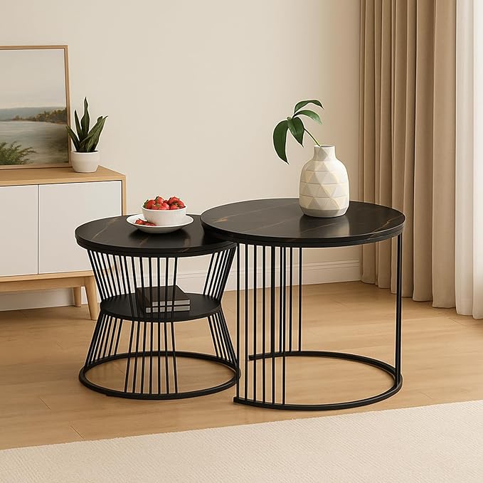 Callas Modern Nesting Coffee Table Set of 2 with Marble Finish Engineered Wood Top and Gold Metal Frame | Round Living Room Center Table for Sofa Side Home Decor | Pre-Assembled (Black, CT-03)