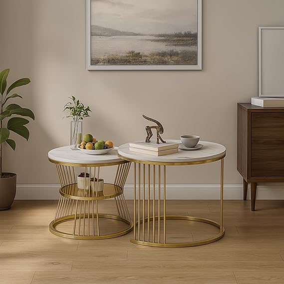 Callas Modern Nesting Coffee Table Set of 2 with Marble Finish Engineered Wood Top and Gold Metal Frame | Round Living Room Center Table for Sofa Side Home Decor (White, CT-03)