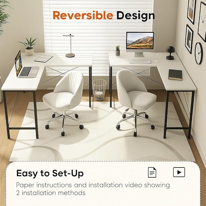 Callas L-Shaped Gaming Desk, 127 cm Corner Computer Table, White Desktop with Black Frame, Storage Shelf(White, ST22)
