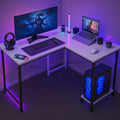 Callas L-Shaped Gaming Desk, 127 cm Corner Computer Table, White Desktop with Black Frame, Storage Shelf(White, ST22)