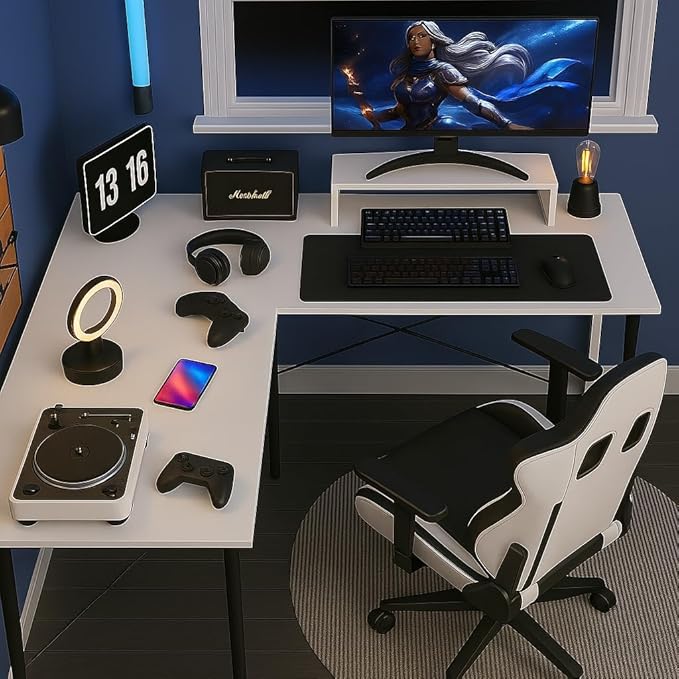 Callas L-Shaped Gaming Desk, 127 cm Corner Computer Table, White Desktop with Black Frame, Storage Shelf(White, ST22)