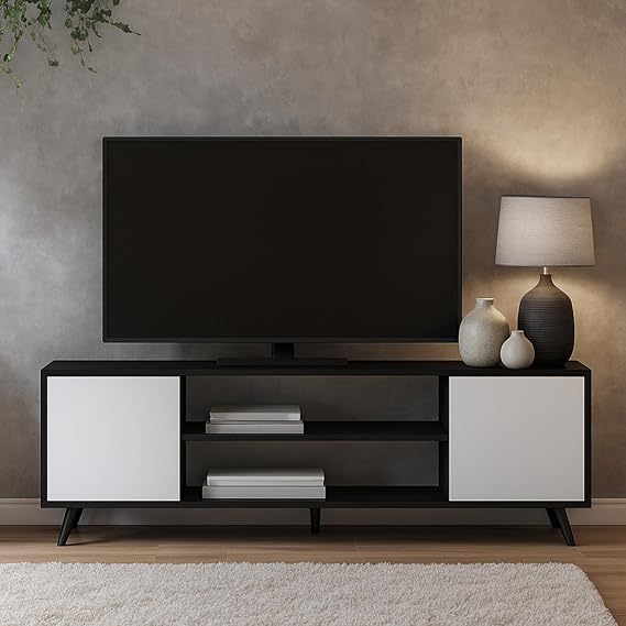 Callas Engineered Wood TV Entertainment Unit for Living Room | Modern TV Cabinet with Shelves & Storage | Set Top Box Stand & Display Unit (Black, TV-08)