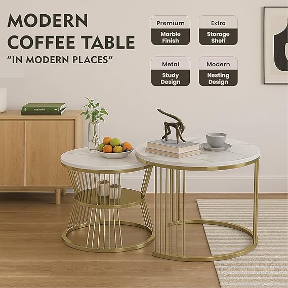 Callas Modern Nesting Coffee Table Set of 2 with Marble Finish Engineered Wood Top and Gold Metal Frame | Round Living Room Center Table for Sofa Side Home Decor (White, CT-03)