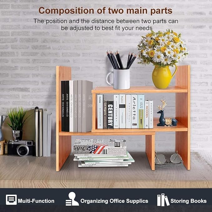 Callas Adjustable Wood Desktop Storage Organizer Display Shelf Rack | Spice Rack | Counter Top Bookcase Book Shelf | Home Décor Display & Storage Rack Cabinet Unit | Parent (BS-1-Black)