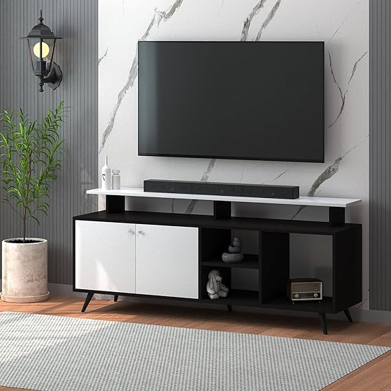 Callas Engineered Wood TV Entertainment Unit for Living Room | Modern TV Cabinet with Shelves & Storage | Set Top Box Stand & Display Unit (TV-07, Black)
