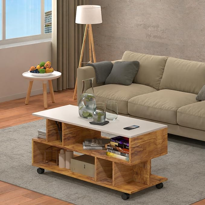 Callas Coffee Table with Multi-Purpose Storage, Wood, Walnut and Natural Finish,Modern Style (Walnut, CT-22-Wheel)