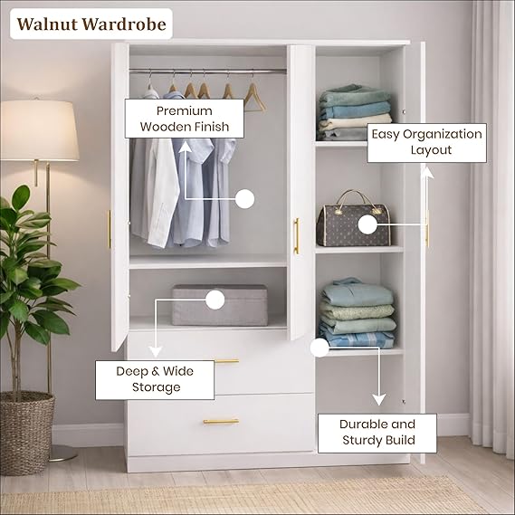 Callas Estoria 3 Door Wooden Wardrobe with 2 Large Drawers | Spacious Hanging Section | Multi-Utility Side Shelves | Engineered Wood Almirah for Bedroom (White, Estoria-3)