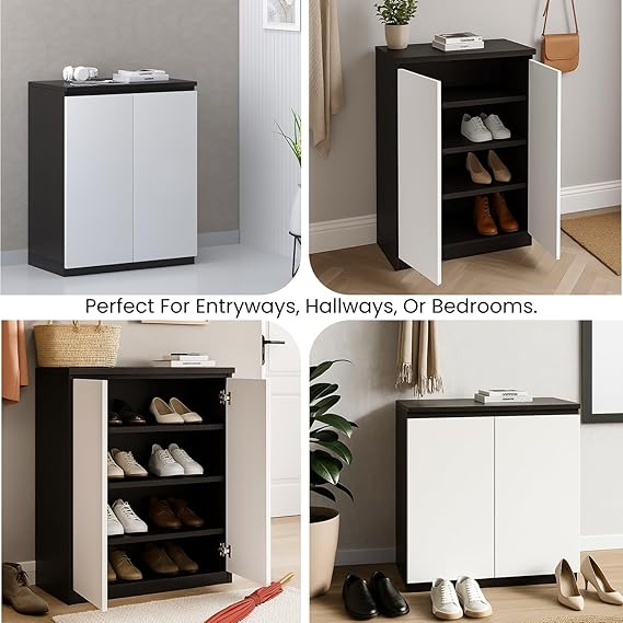 Callas Engineered Wood Shoe Rack Cabinet with Drawer & Doors | Modern Wooden Shoe Storage Organizer for Entryway, Living Room & Bedroom (Black, SR-05)